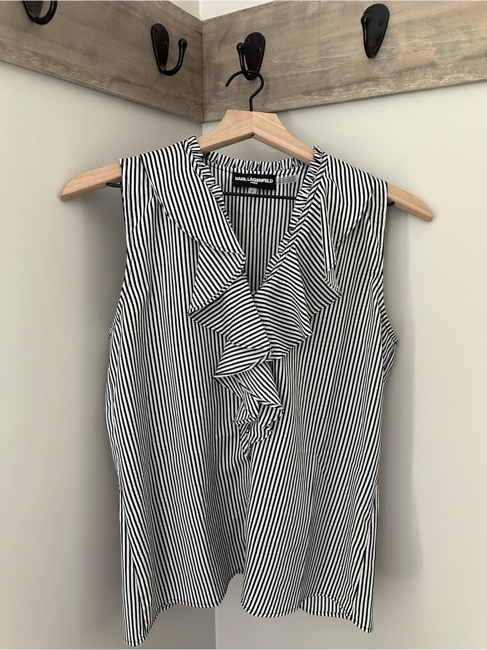 Karl Lagerfeld Black and White Striped Ruffle Shell